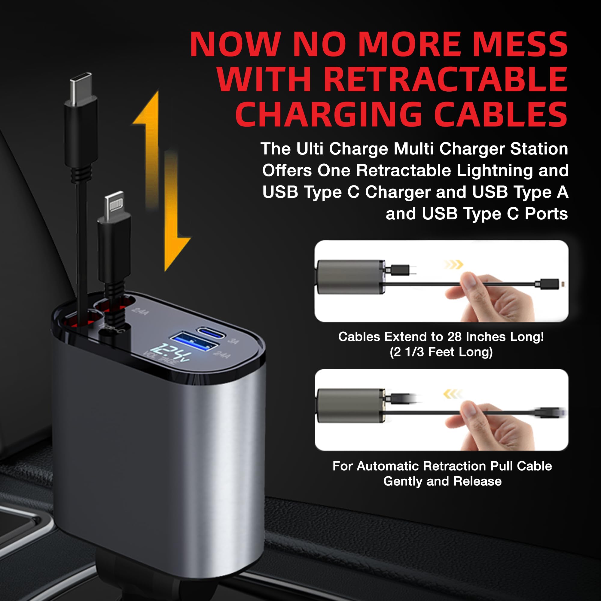 Multi Charge Pro - Cargador de Coche retráctil USB C para iPhone, Carga rápida, 120 W, 4 Puertos USB-C y USB-A y Lightning iPhone, Samsung, tabletas...