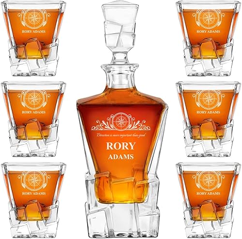 Maverton Decantador de whisky personalizado y 6 vasos para hombre - Elegante juego de whisky con grabado - Modelo de cubitos de hielo - Elegante