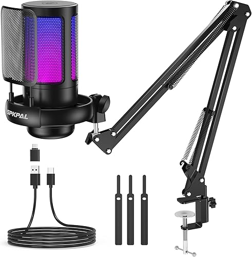 SPKPAL Micrófono USB para juegos para PC, micrófono de podcast con brazo Boom, silencio táctil, iluminación RGB para PS45, Mac, teléfono, micrófono