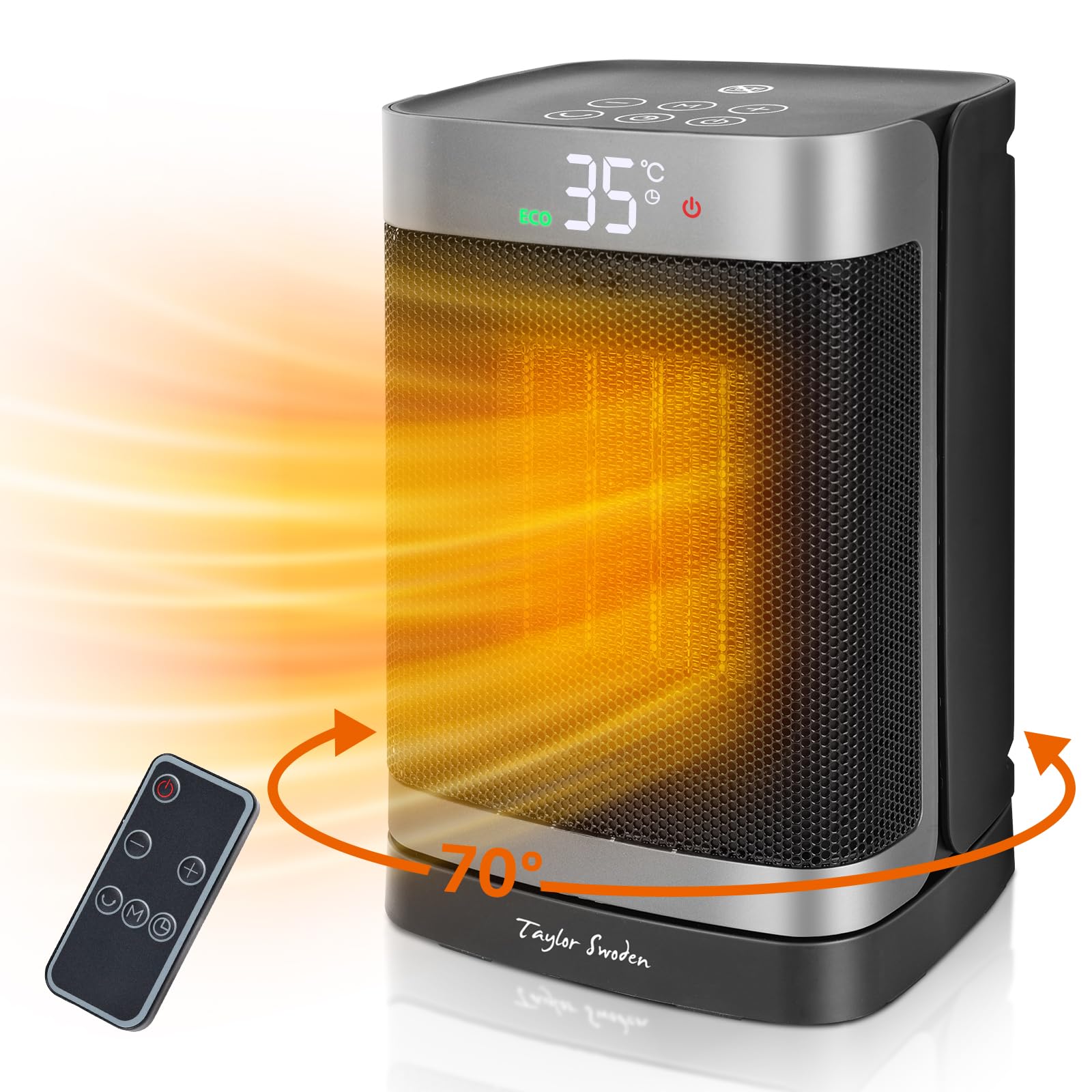 Taylor Swoden Stufetta Elettrica Basso Consumo Da Bagno, Termoconvettore Portatile Con Telecomando, Timer 24 Ore, Oscillazione A 70°, 4 Modalità, Riscaldamento Ceramico Da 1500W Ptc - Fiery-image