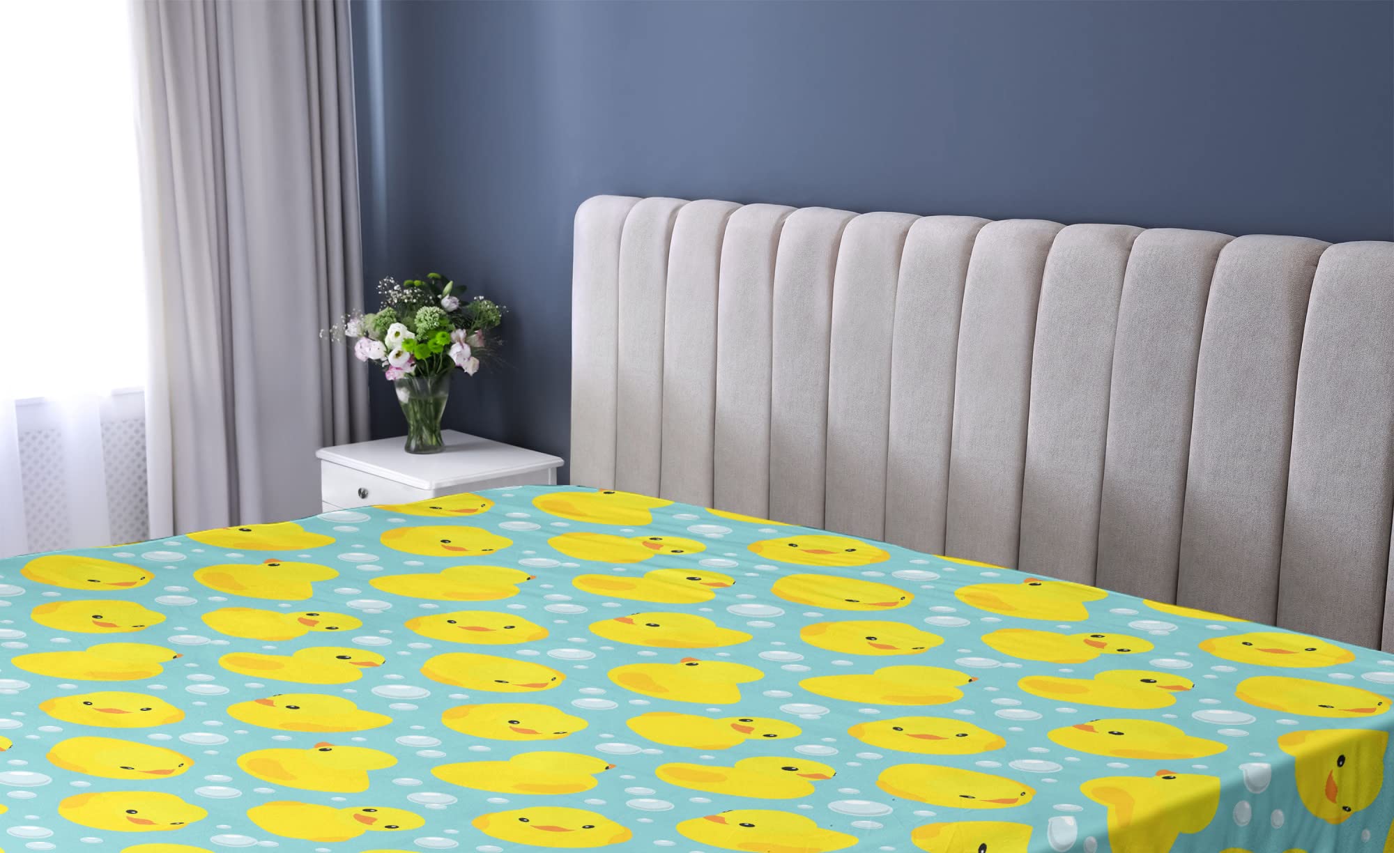 Ambesonne Rubber Duck Fitted Sheet, Rubber Ducks on Water Inspired Backdrop Bubbles Funny Pattern, Soft Decorative Fabric Bedding All-Round Elastic Pocket, Full Size, Turquoise Orange