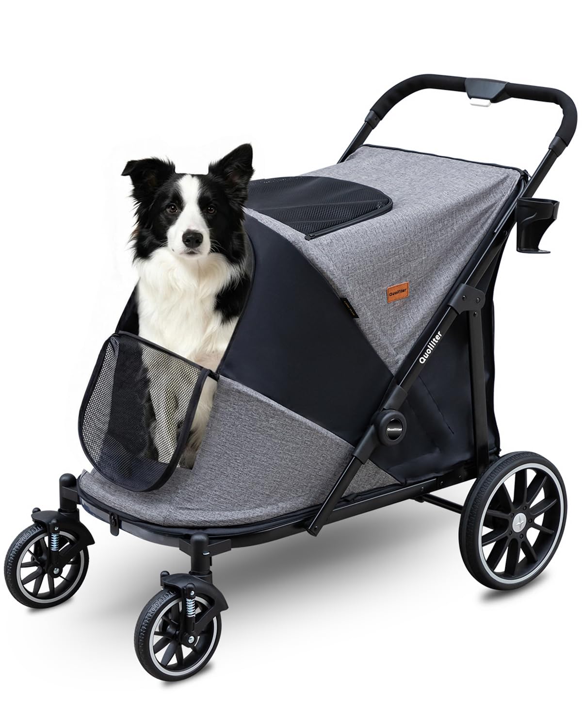Hundewagen Ein-Taste-Zusammenklappung Hundebuggy bis 40kg Hundewagen Große Hunde Katzenwagen für 2 Große Katzen 360° Verschleißfeste Gummiräder Netzfenstern