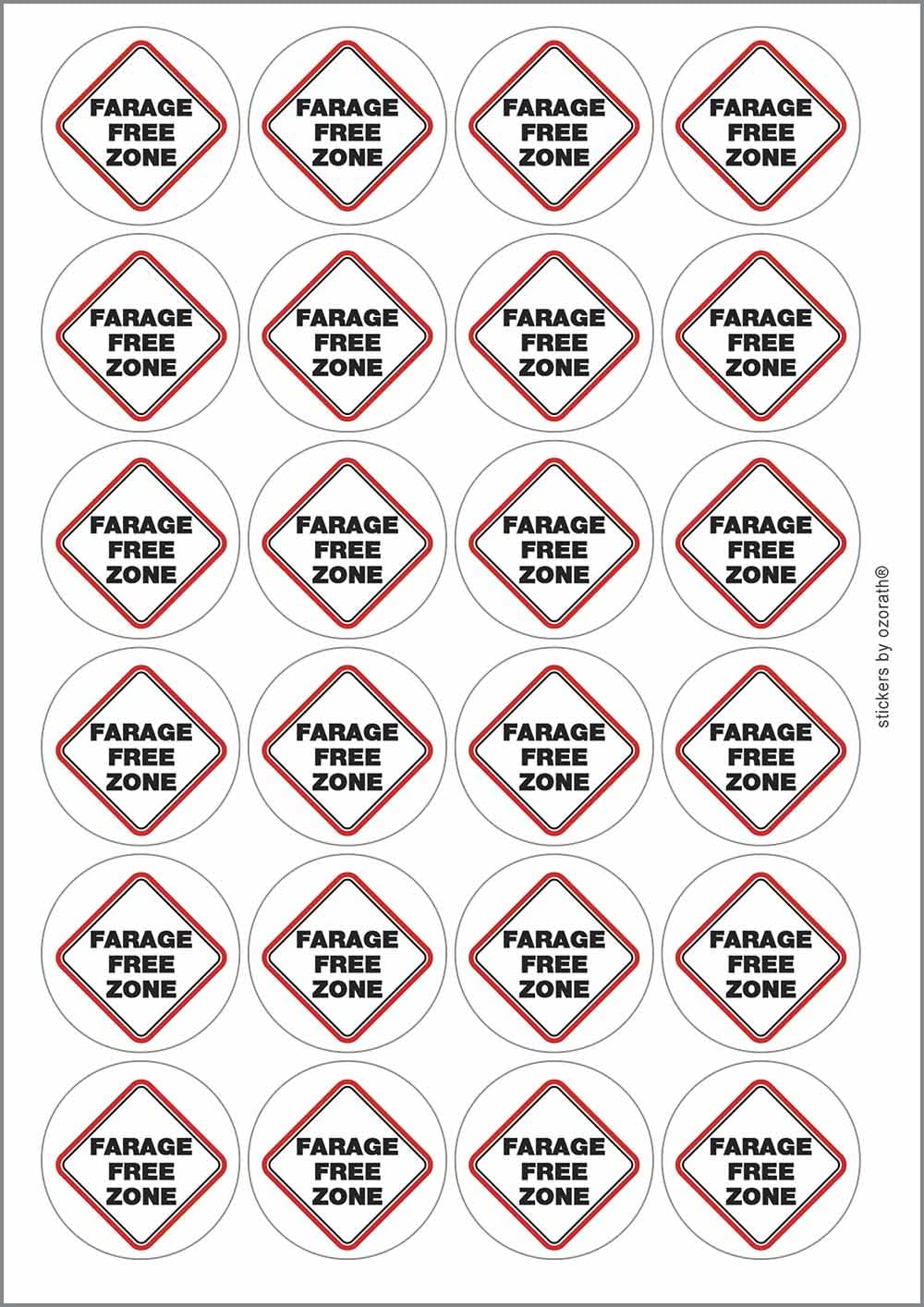 Nigel Farage Rerform UK Free Zone Circular Matt Paper Stickers A4 Sheet of 24 (Each Sticker is 45mm Diameter)