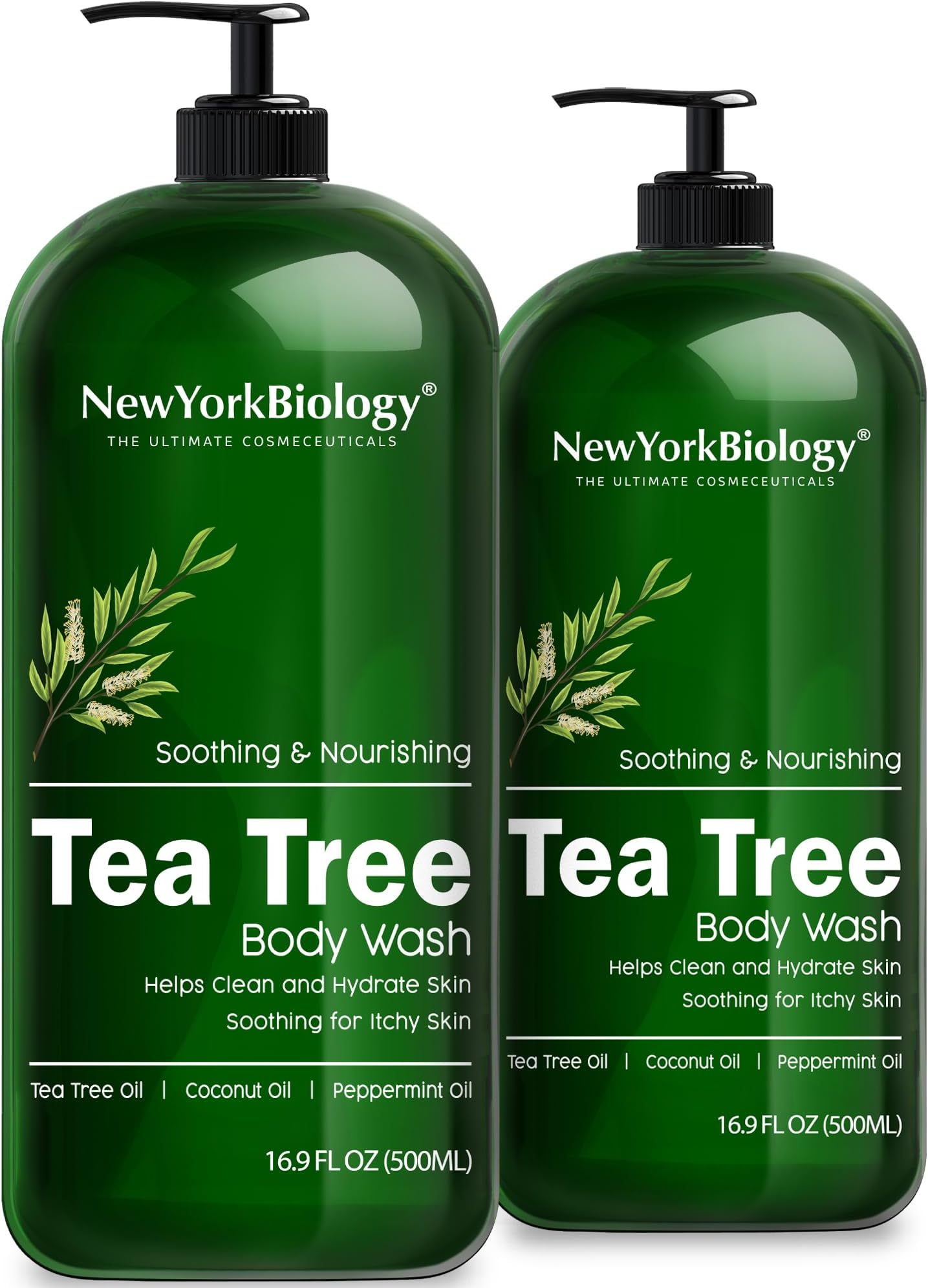 New York Biology Tea Tree Body Wash for Men and Women - Moisturizing Body Wash Helps Soothe the Skin - Refreshing and Hydrating Cleanser for Body and Feet - 16.9 Fl Oz (Pack of 2)