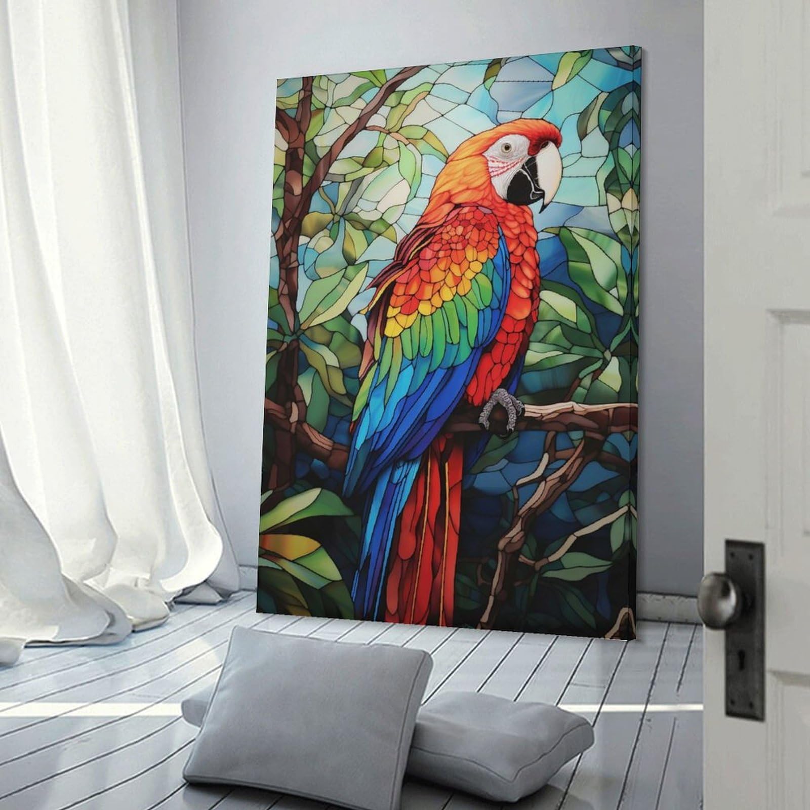 Junmoney Room Decor Wall Art Colorful Parrot Stained Glass Style Art, 16x24inch(40x60cm), for Wall Displays, Bedrooms Or Room Updates, An Easy Match for Collected Prints