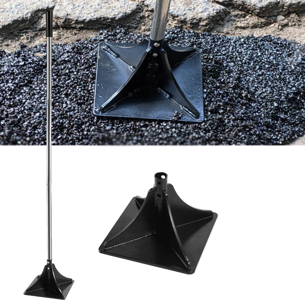 Steel Tamper Tools, 8x8 Inches Handheld Rammer with Rubber Grip, Laborsaving Design for Soil, Asphalt, Gravel and Repairing Blacktop, Detachable