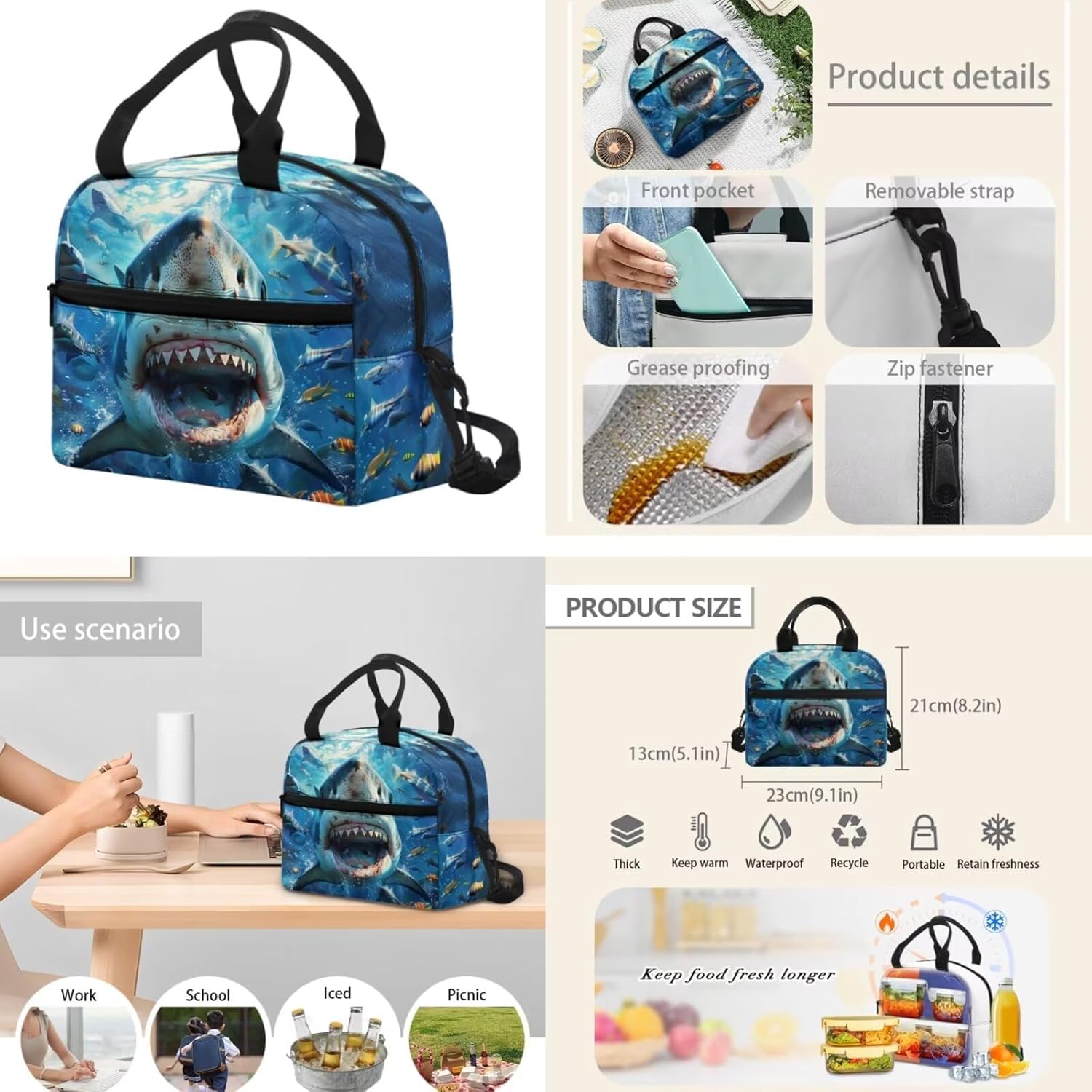 Ocean Shark School Bag Backpack for Elementary Boys with Lunch Box Pencil Case Middle High School Bookbag Set 3 PCS Primary Kindergartner School Daycare Bag Back Packs for Teens