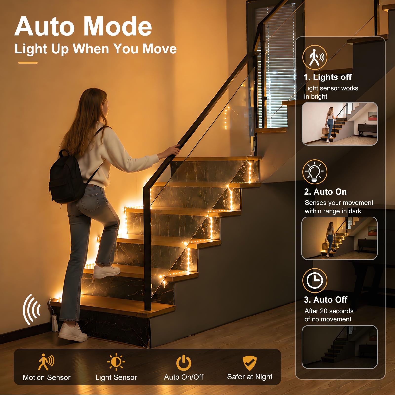 WOBANE Illuminazione per scale con 2 rilevatori di movimento, nastro LED ricaricabile da 5 m, flessibile, con batteria, sensore LED, luce bianca calda, camera da letto, 2700 K