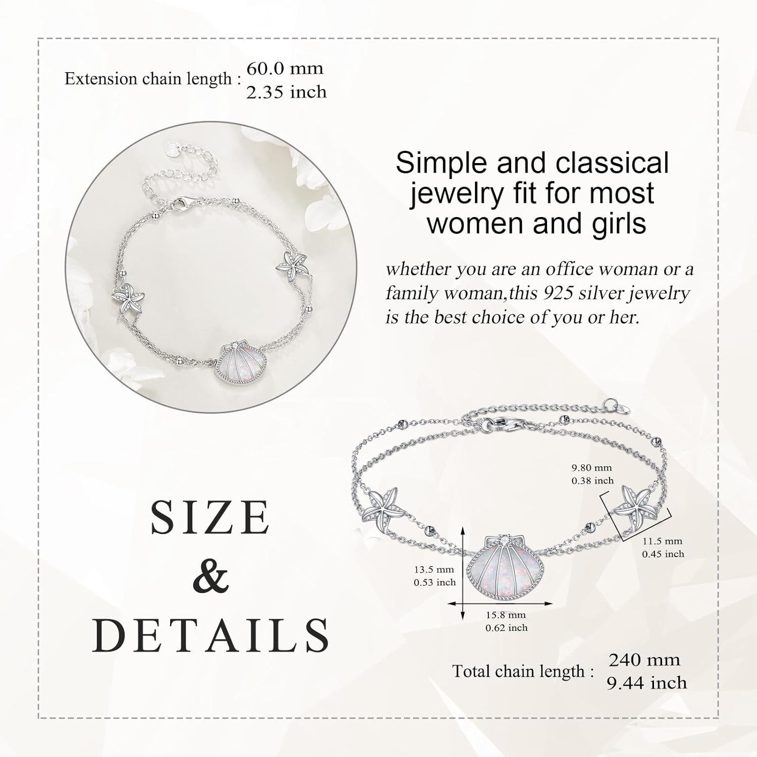 Shell Bracelet 925 Sterling Silver Starfish Bracelet Dainty Adjustable Bracelet Beach Jewelry for Women Shell Starfish Jewelry Gifts - Image 6