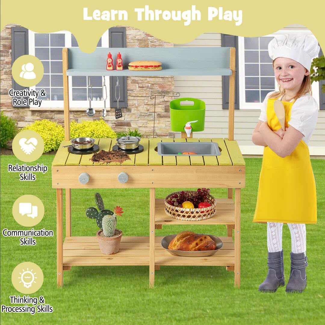 HOMASIS Cucina per Bambini in Legno, Cucinetta con Serbatoio dell'Acqua, Cucina Giocattolo con Effetti Sonori, Cucina da Giardino per Bambini dai 3+ Anni (Modello 1)