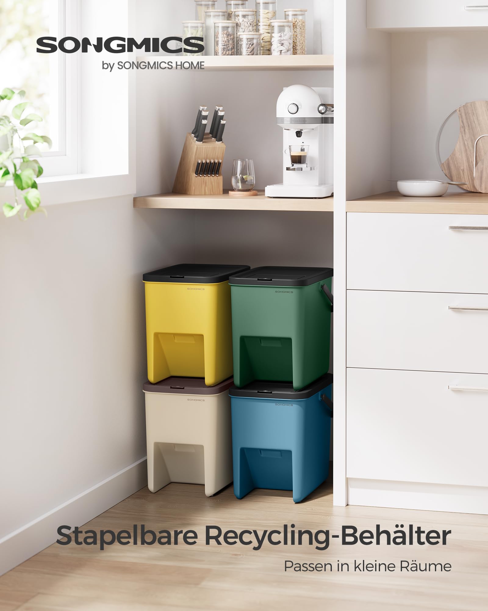 SONGMICS Mülleimer Küche, 4er Set Abfalleimer, Mülleimer stapelbar, je 20 L, Mülltrennsystem, Klappdeckel, mit Aufklebern, Aufbewahrungsbox, gelb, blau, beige und grün LTB760Q01
