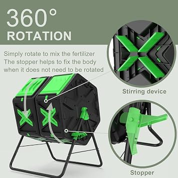 140L Dual Chamber Compost Bin Rotating Composter Tumbler with Easy-Turn, Fast-Working System for Garden, Black&Green
