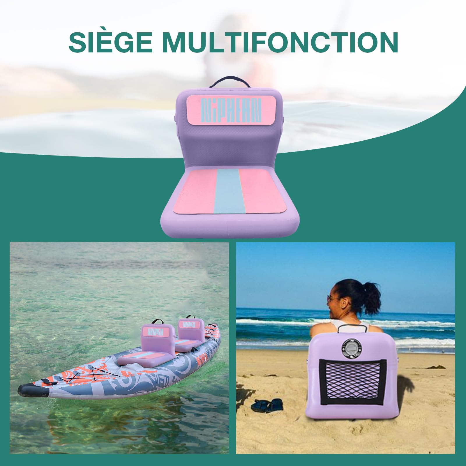 Niphean Siège Paddle avec Support Dorsal, Siège Paddle Gonflable Robuste pour Planches Gonflables, pour Canoë, Bateau, Kayak, Adultes et Enfants, Aucune Sangle n'est Nécessaire, Simple et Confortable