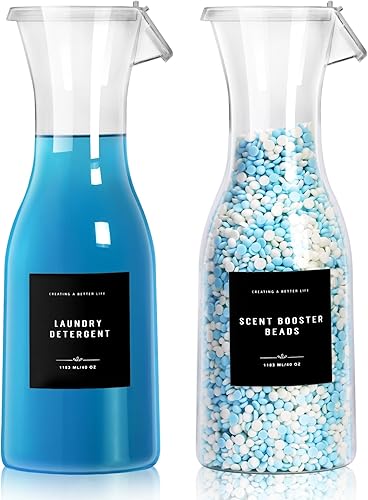 Botella dispensadora de detergente para ropa de 40 onzas con etiqueta impermeable para detergente, jabón, suavizante de tela, cuentas potenciadoras