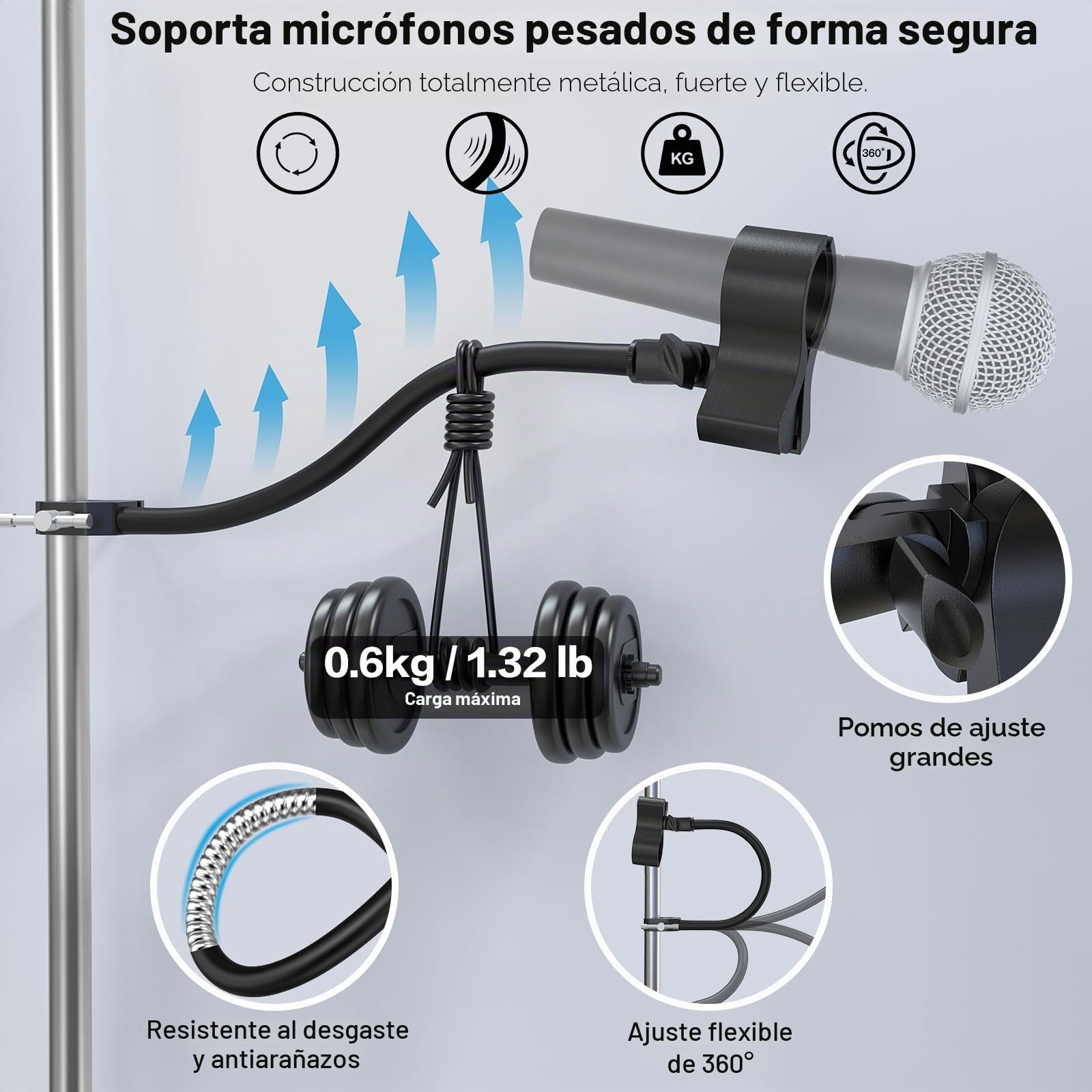 ZealSound Soporte de Micrófono — brazo de 48 cm con abrazadera ajustable, rotación 360° y flexión 90°, compatible con Blue Yeti, Snowball, SoloCast, SM58 y más, con adaptador de 3/8" a 5/8"