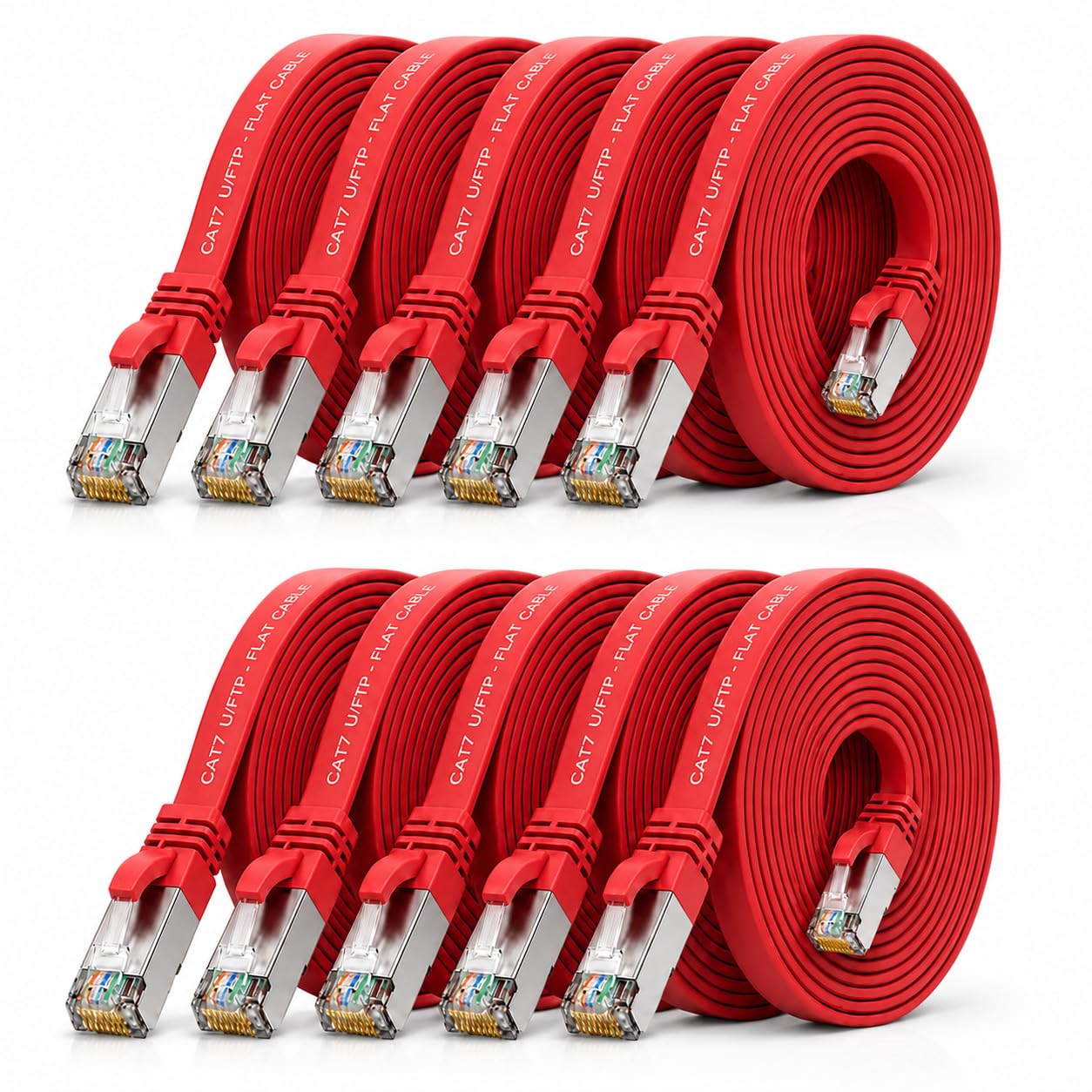 10x CAT7 Lan-Kabel flach 10m U/FTP 10 Gbit/s RJ45 Stecker Cat6a Rot | Flaches U/FTP-Patchkabel bis 10 Gbit/s, kompatibel mit Cat6a/Cat6/Cat5e/Cat5, für Router, Modem, Switch, PC, TV und NAS