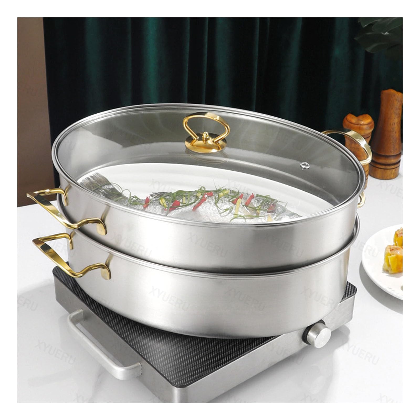 Pentola per pesce a vapore, in acciaio inox, a 2 livelli, design ovale per cuocere a vapore frutti di mare, include una teglia per gamberetti e granchi
