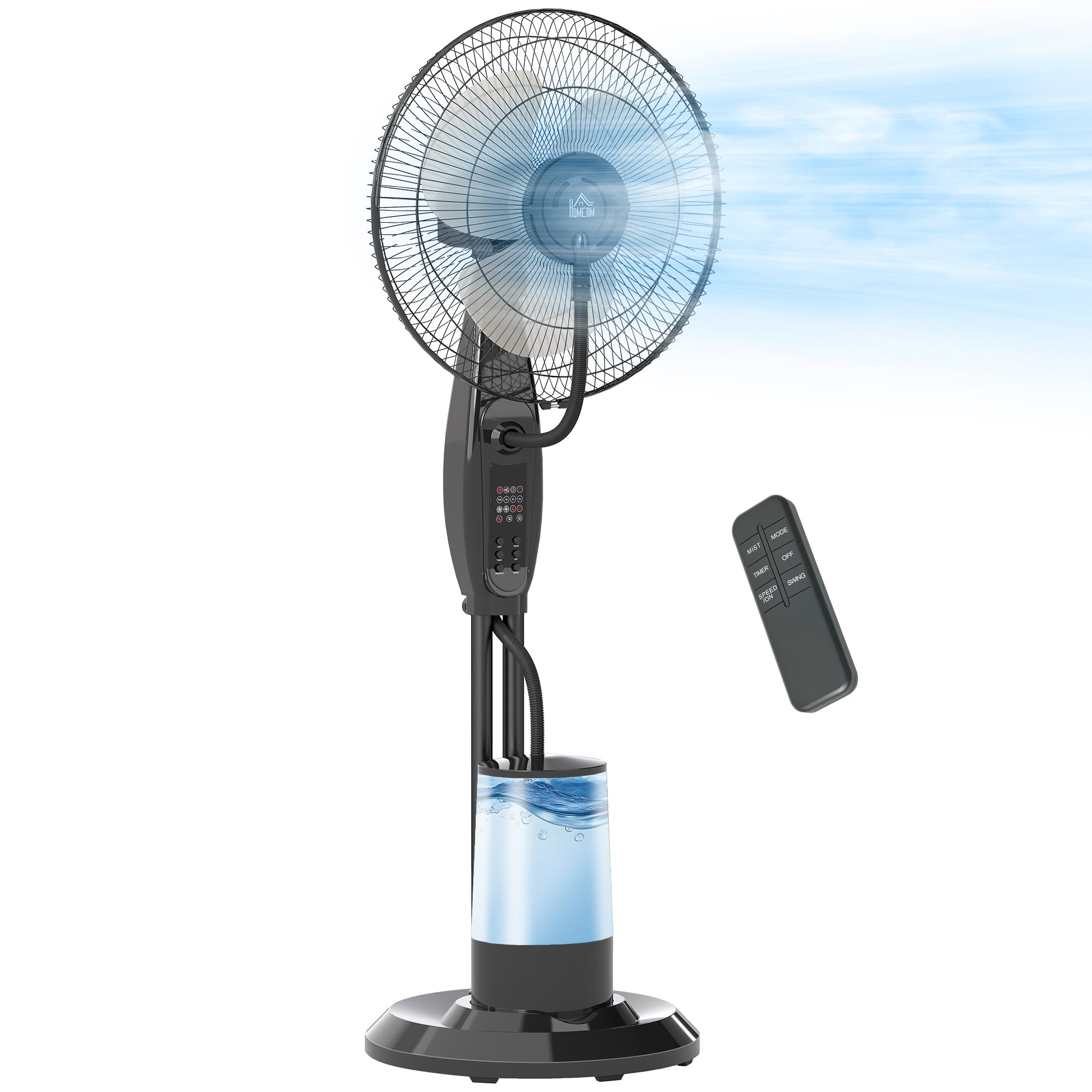 HOMCOM Ventilador Nebulizador de Agua 75 W con Mando a Distancia Ventilador de Pie Oscilante Temporizador Tanque 3,2L 3 Velocidades 3 Aspas y Pantalla LED Ø44,5 cm Negro
