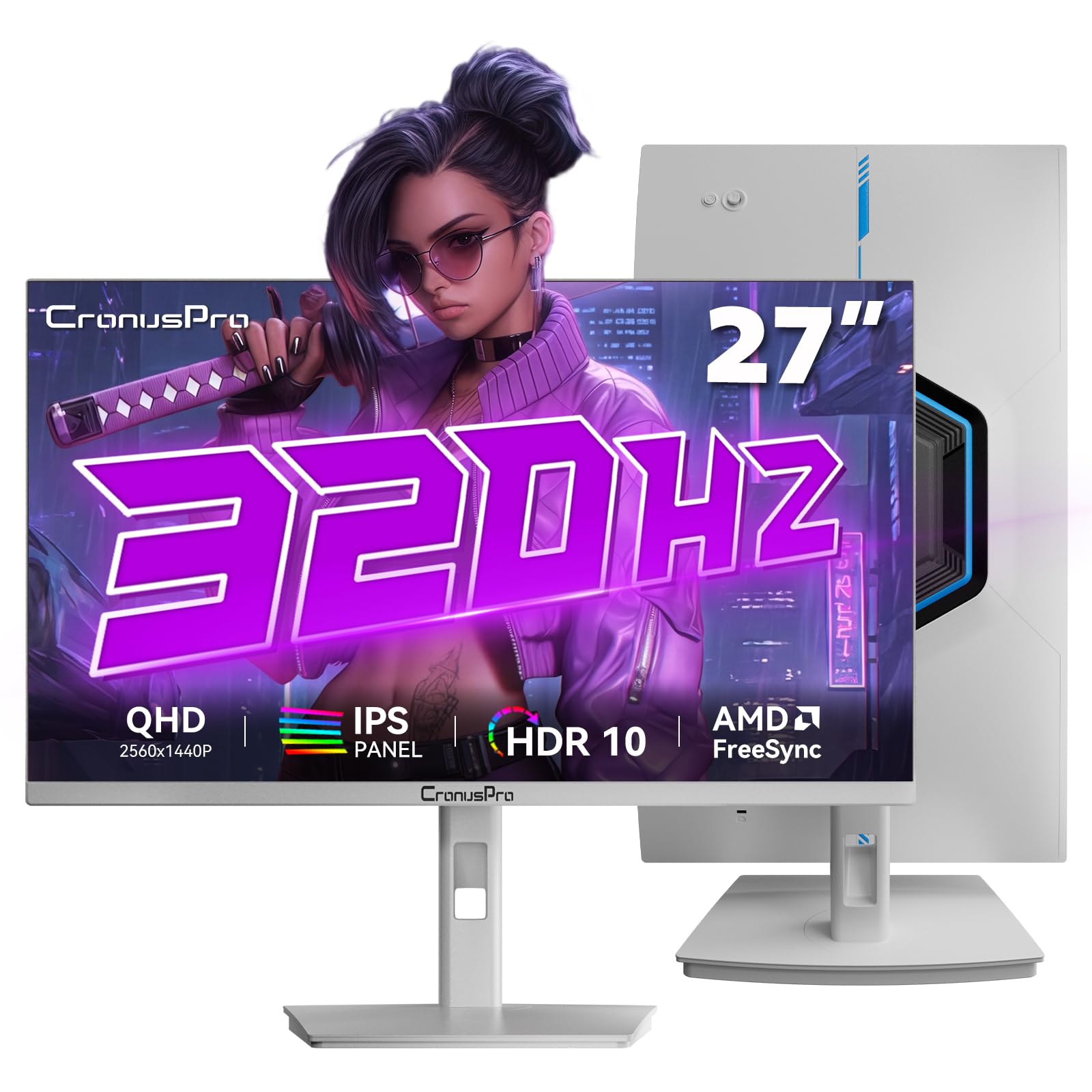 CronusPro Weißer 27 Zoll Gaming Monitor, 320Hz, 2K QHD (2560 x 1440) 1ms MPRT Fast IPS-Panel, AMD FreeSync, Höhenverstellbar & Drehb, Voreingestellte Spielmodi, HDR, HDMI/DisplayPort, VESA 100x100mm