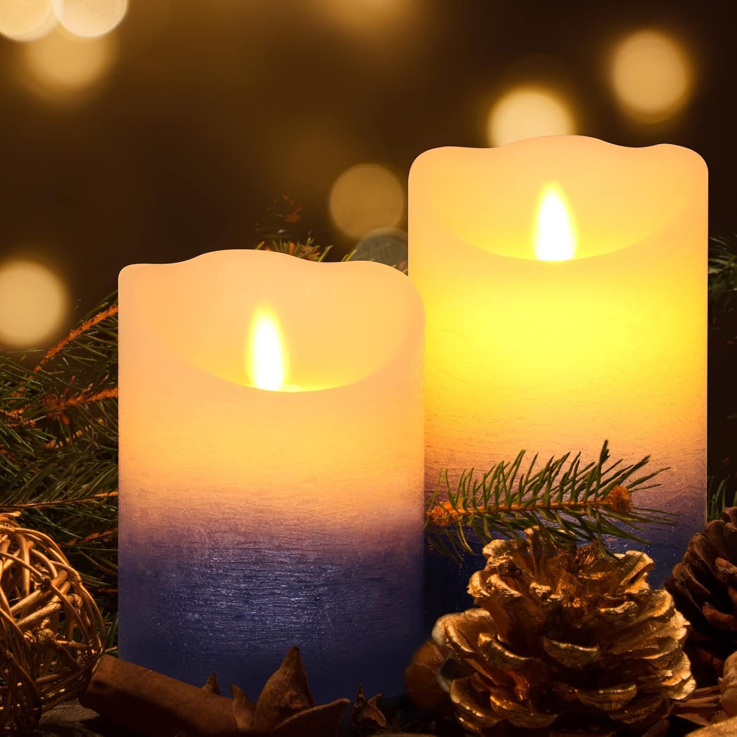 Blue Flameless Flickering Candles Realistic LED Candles with Remote Control Real Wax Glitter Pillar for Gifts and Decoration Set of 3 (D 3" x H 4" 5" 6" Home Decor Premium