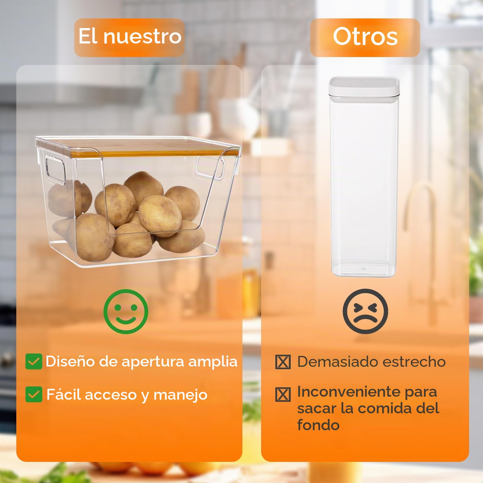 Abiudeng - Cajas de almacenamiento apilables para cocina (2 unidades, tapa de bambú para patatas de gran apertura frontal, organizadores de despensa y almacenamiento para verduras,