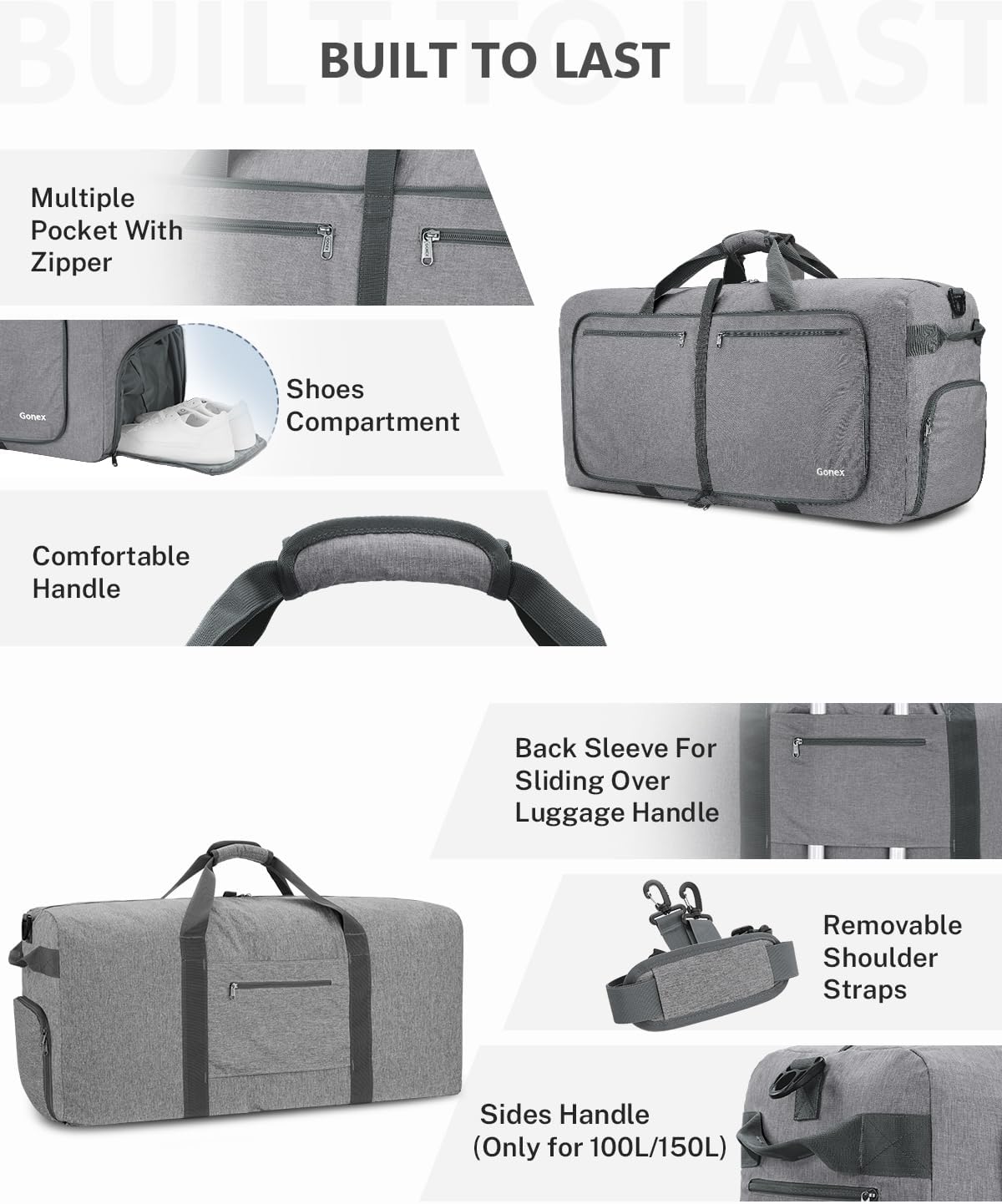 Gonex 100L Foldable Travel Duffle Bag with Shoe Compartment, Lightweight image 5