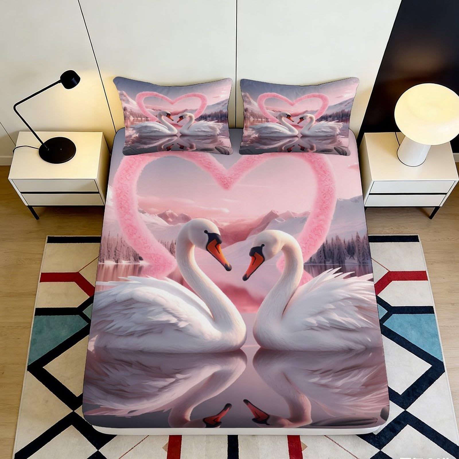 Pnayamiorkfel Style-2 3D Printed Swan Love Fitted Sheet Microfiber Pink Heart Lake Mattress Cover For Bedroom Guest Room Decor 90X200x25cm