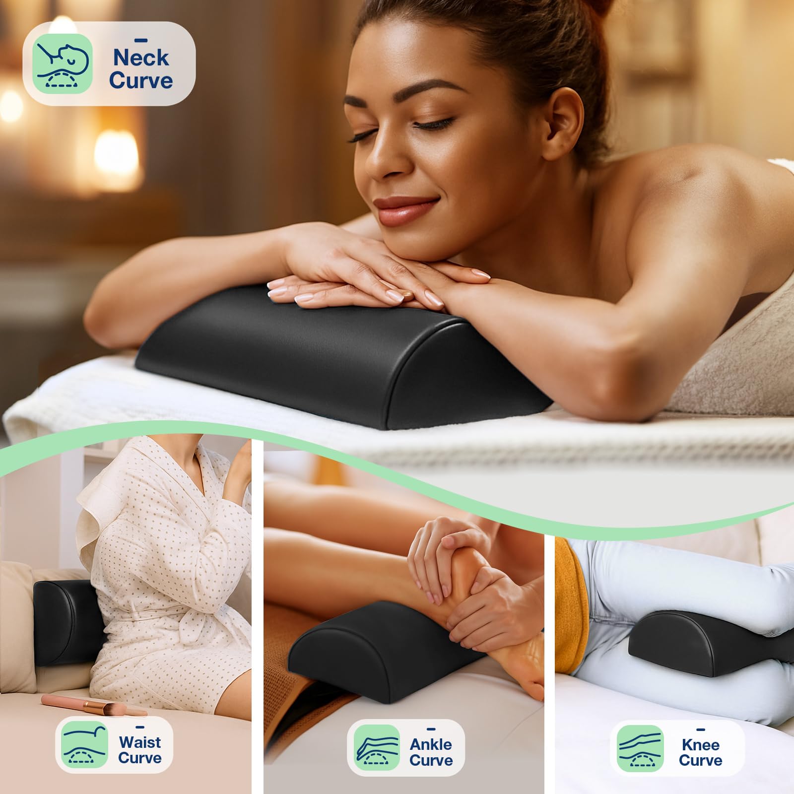 Noverlife Halbrundes Massagetisch-Kissen mit Tragegriff, 35,6 x 15,2 x 7,6 cm, PU-Leder, halbrunde Nackenrolle für Unterbeine, Nacken- und Rückenschmerzen, Halbmond-Kniestütze für Massageliege