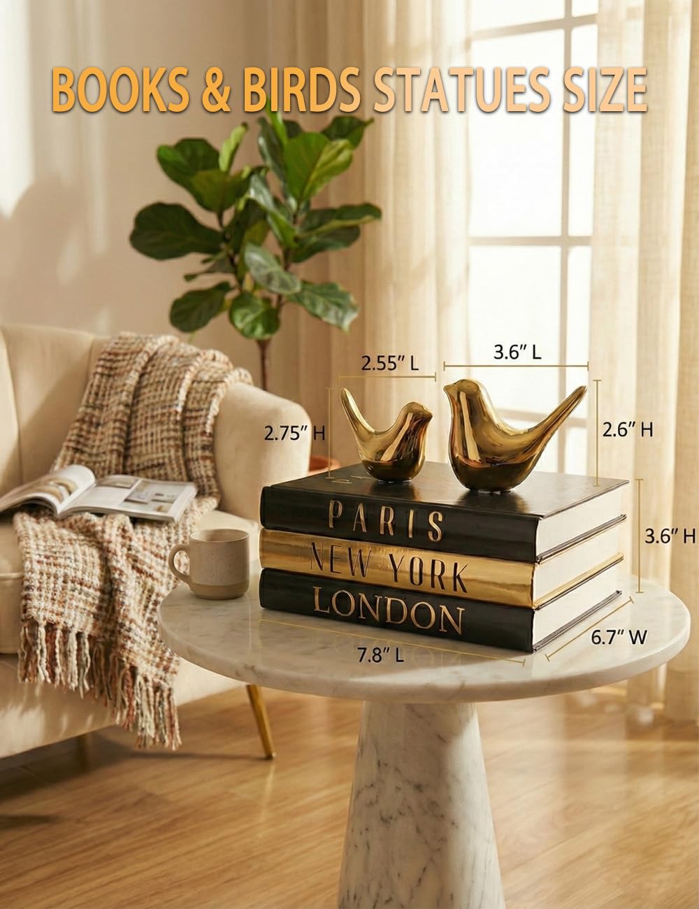 Libros decorativos para decoración del hogar y decoración de libros de mesa de café, juego de 3 diarios de tapa dura real (París, Londres, Nueva York) con pájaros de cerámica dorada, decoración