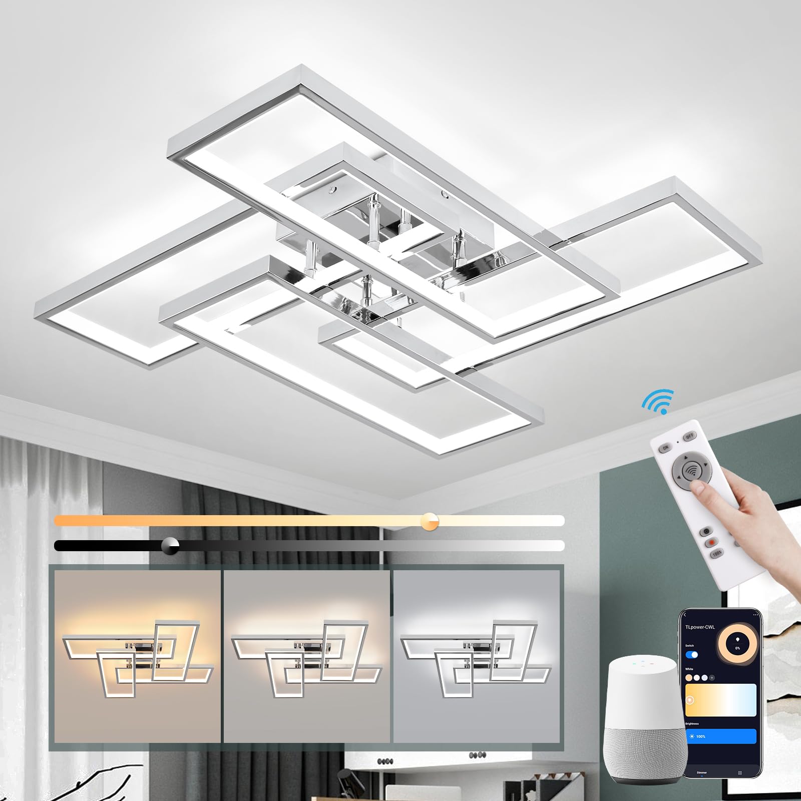 Modern Ceiling Light LED, 66cm Silver LED Dimmable Ceiling Lights Fixtures with Remote Control, 4-Square Chrome Living Room Lamp for Dining Room Bedroom Office Kitchen Living Room Light - 56W