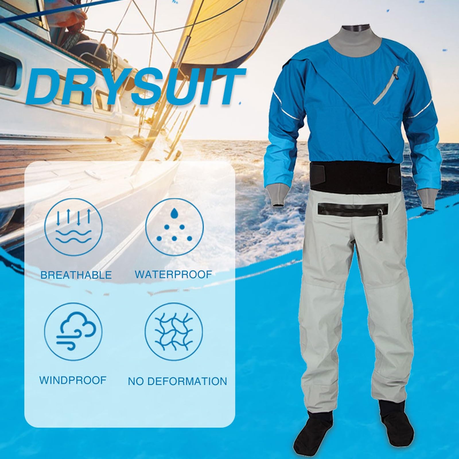 3-Lagen-Trockenanzug, Latex-Knöchelmanschetten-Trockenanzug, Komplett Verschweißt Wasserdicht/spritzwassergeschützt, Für Alle Wassersportarten Jolle, Segeln, Kajak, Kanu, SUP, Paddleboard(Schwarz,3XL)