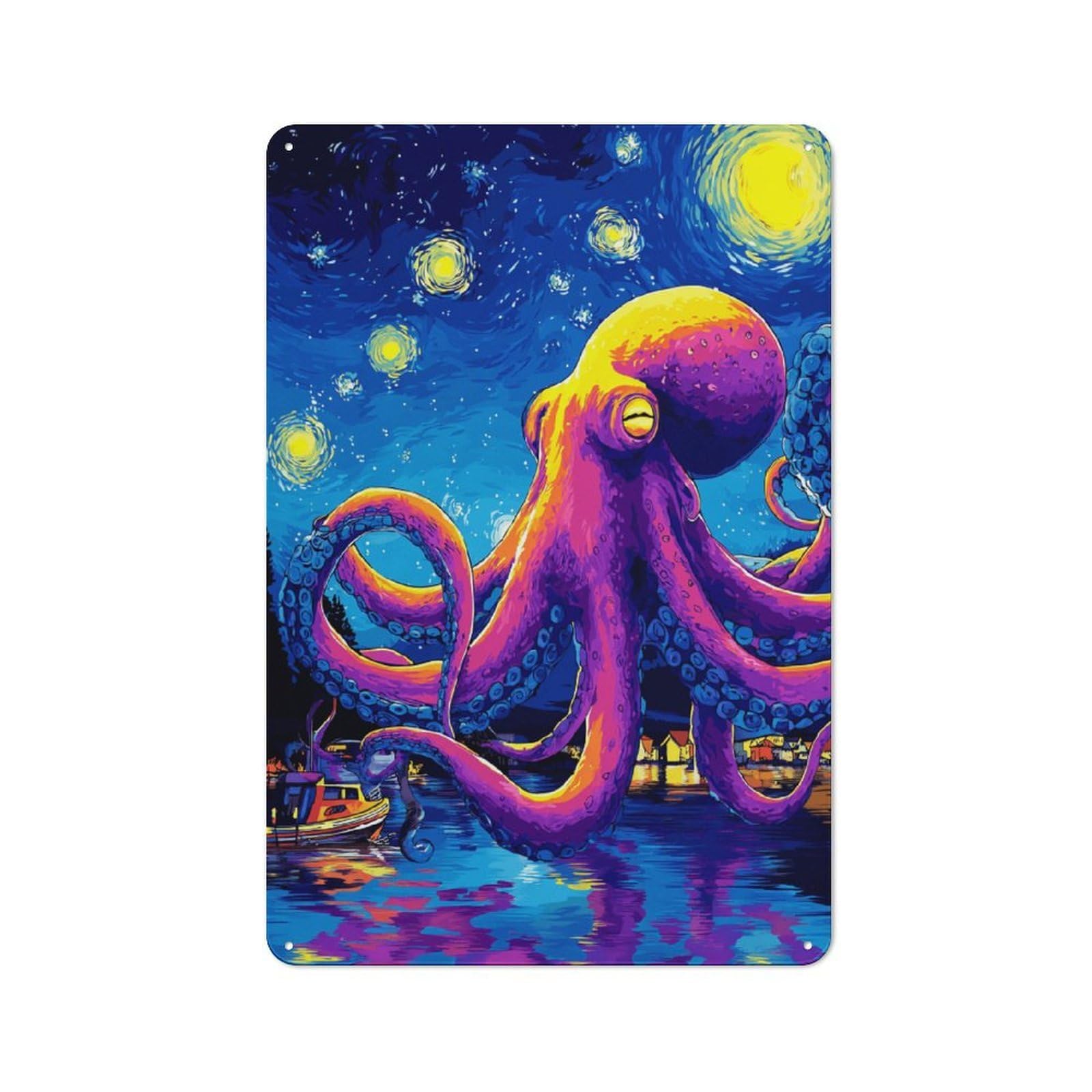 Junmoney Starry Night Octopus Adventure Metal Wall Sign 30X20cm Featuring For Café Or Restaurant, A Decorative Metal Sign For Cafés And Restaurants