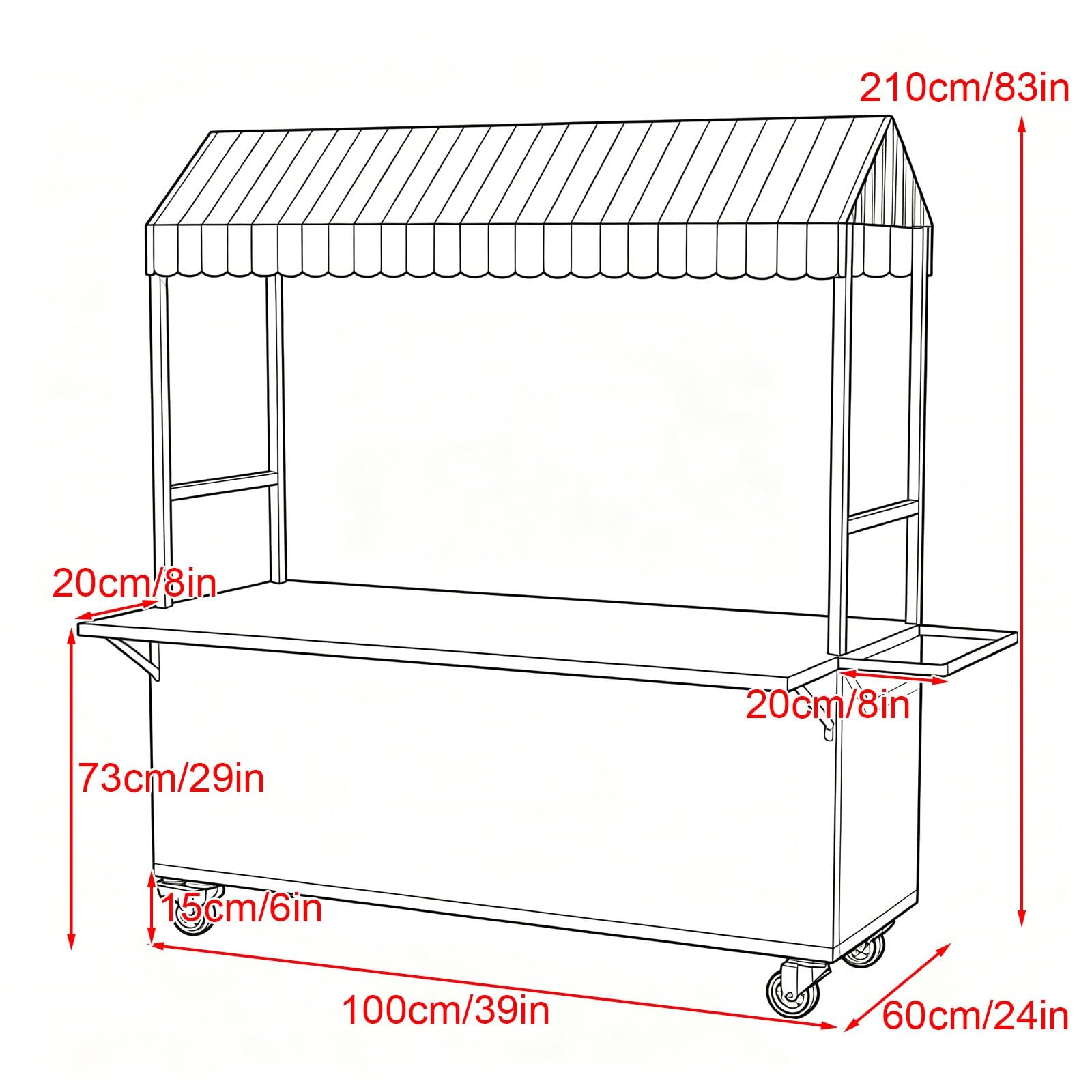 Carrito de Comida Callejero Portátil con Toldo, Carro de Venta Ambulante para Exposición de Pan y Puestos ambulantes portátiles(Red,120cm/47in)
