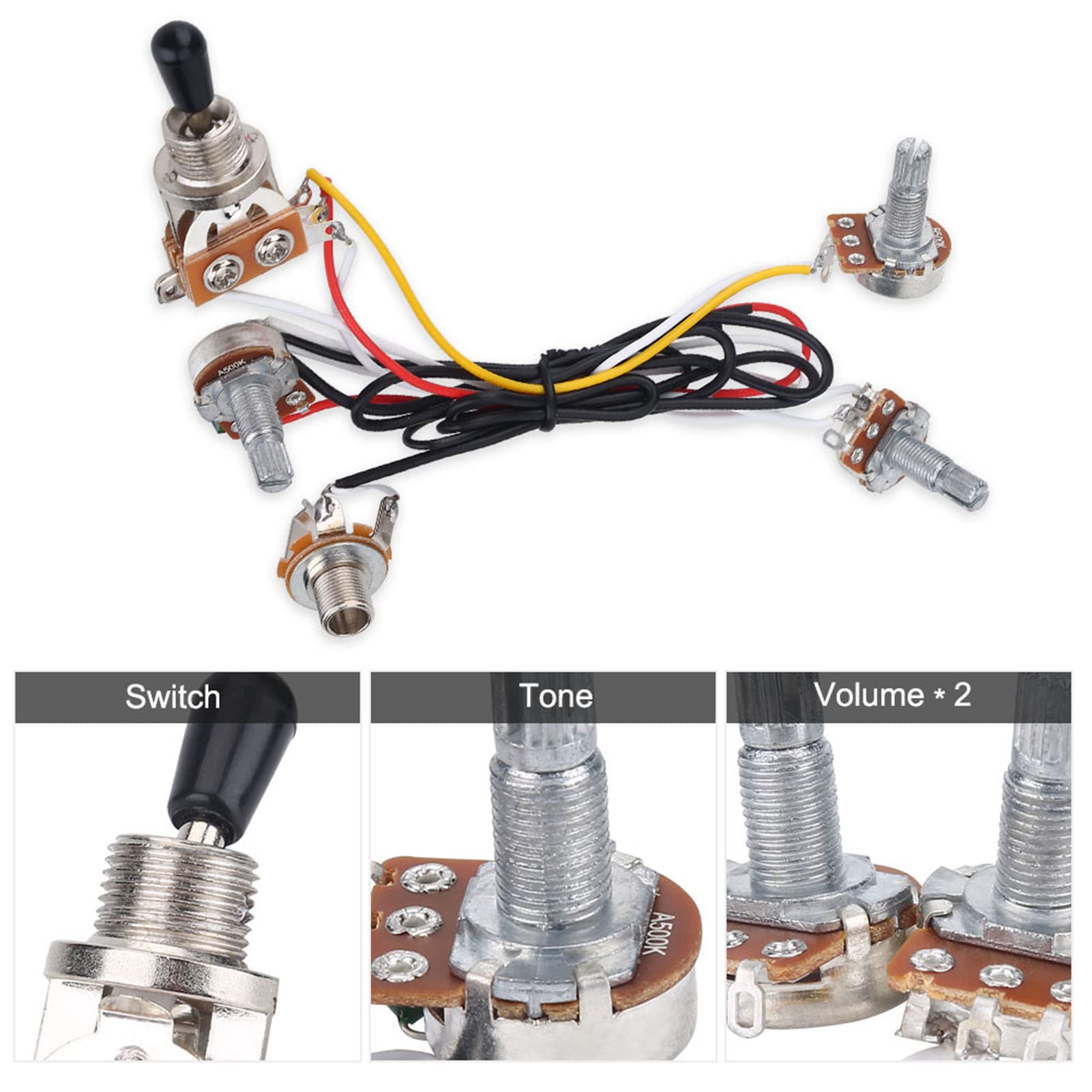 2 Volume 1 Tone 1 Jack 500K Pots 3 Way Switch Wiring Harness for Electric Guitar Bass, #450 - Image 4