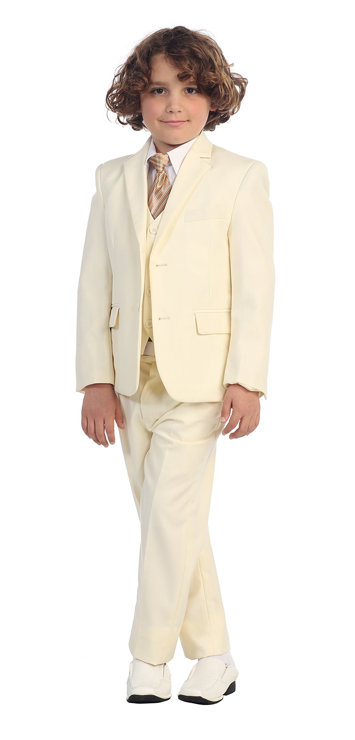 Gioberti Little Boys Off White Suit Vest Pant with Dress Shirt & Stripe Tie Set