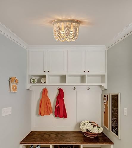 Vista 5 de AZMASA - Lámpara de techo con cuentas de madera, estilo bohemio, de montaje empotrado, cuerda de cáñamo, 3 luces para guardería, dormitorio