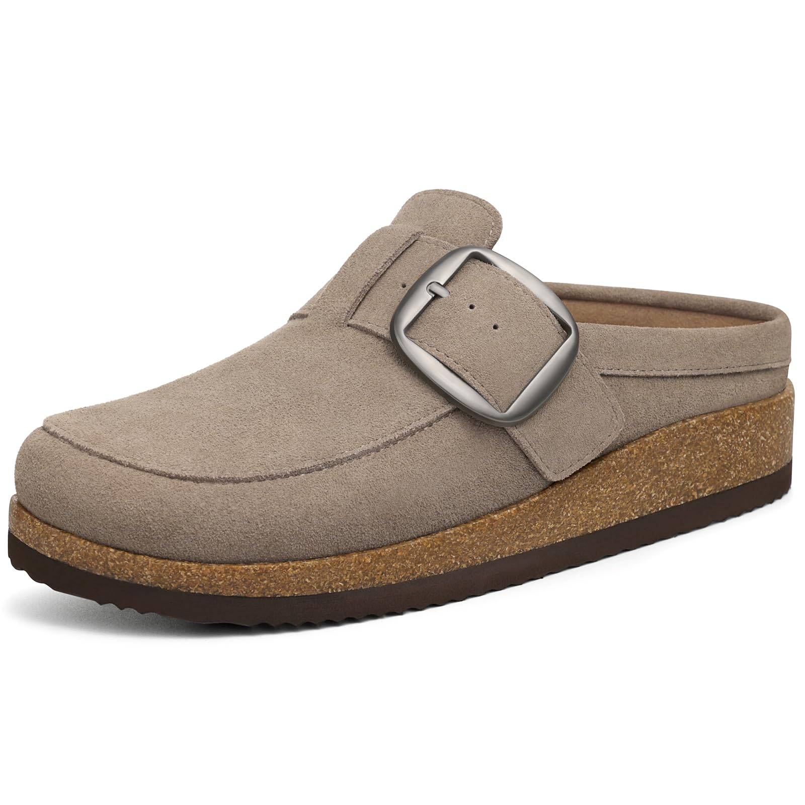 KIDMI Women's Genuine Suede Slip On Clogs with Big Buckle, Mocha, 38
