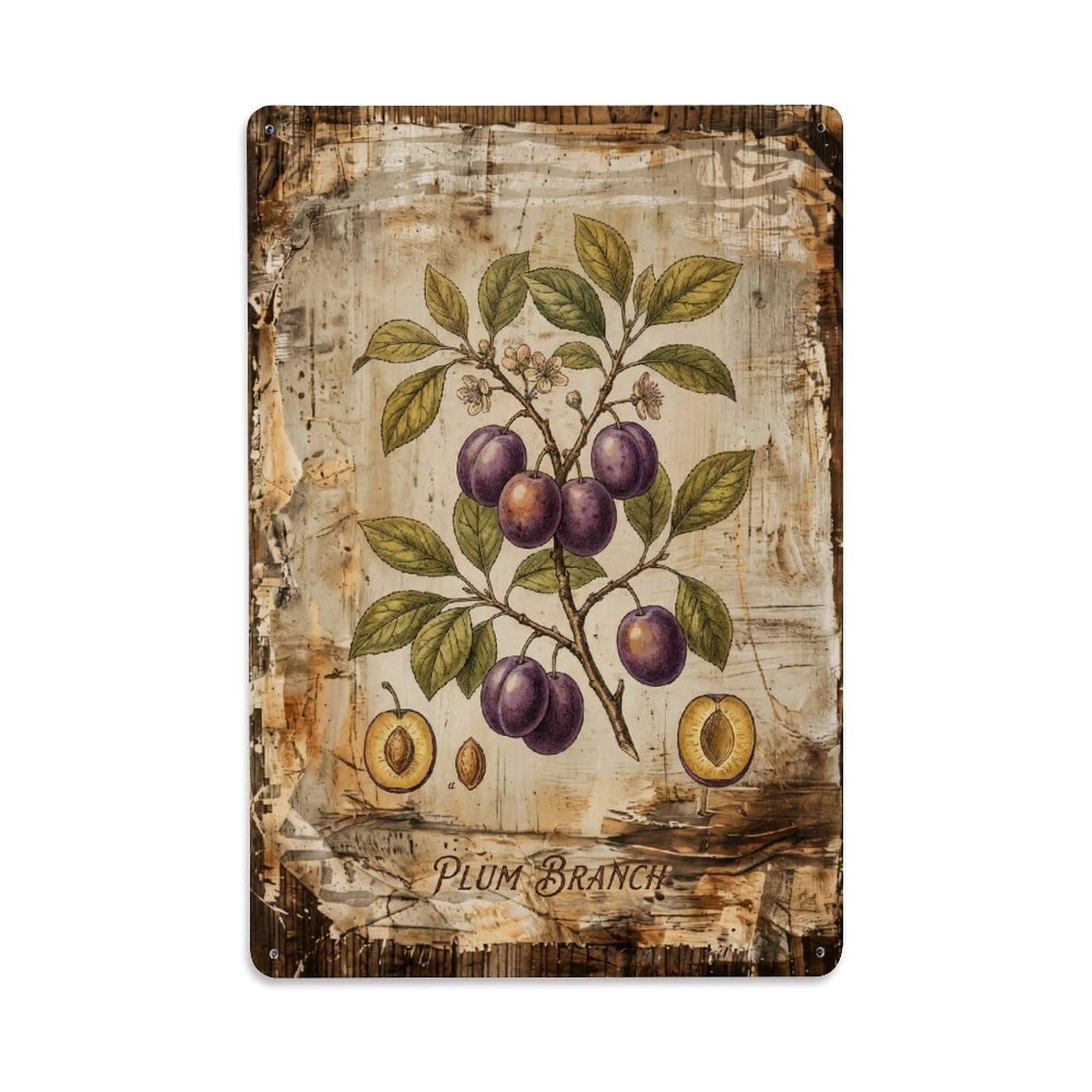 Plum Branch Botanical 1 Vintage Metal Tin Sign Plaque Wall Decor for Cafe, Club, Garden Metal Poster 8x12Inch