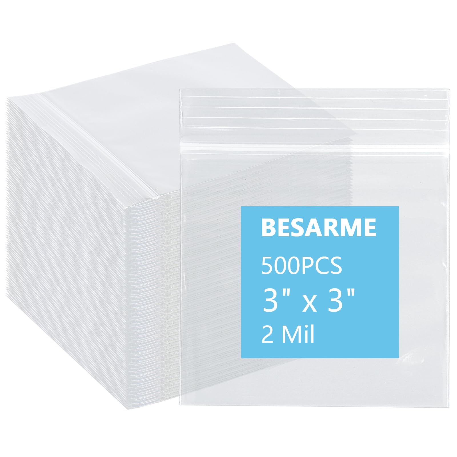 500 PCS 3" x 3" Small Plastic Bags for Jewelry Mini Clear Plastic Poly Bag 2 Mil with Resealable Lock Zipper for Storage Gifts Candy Screws