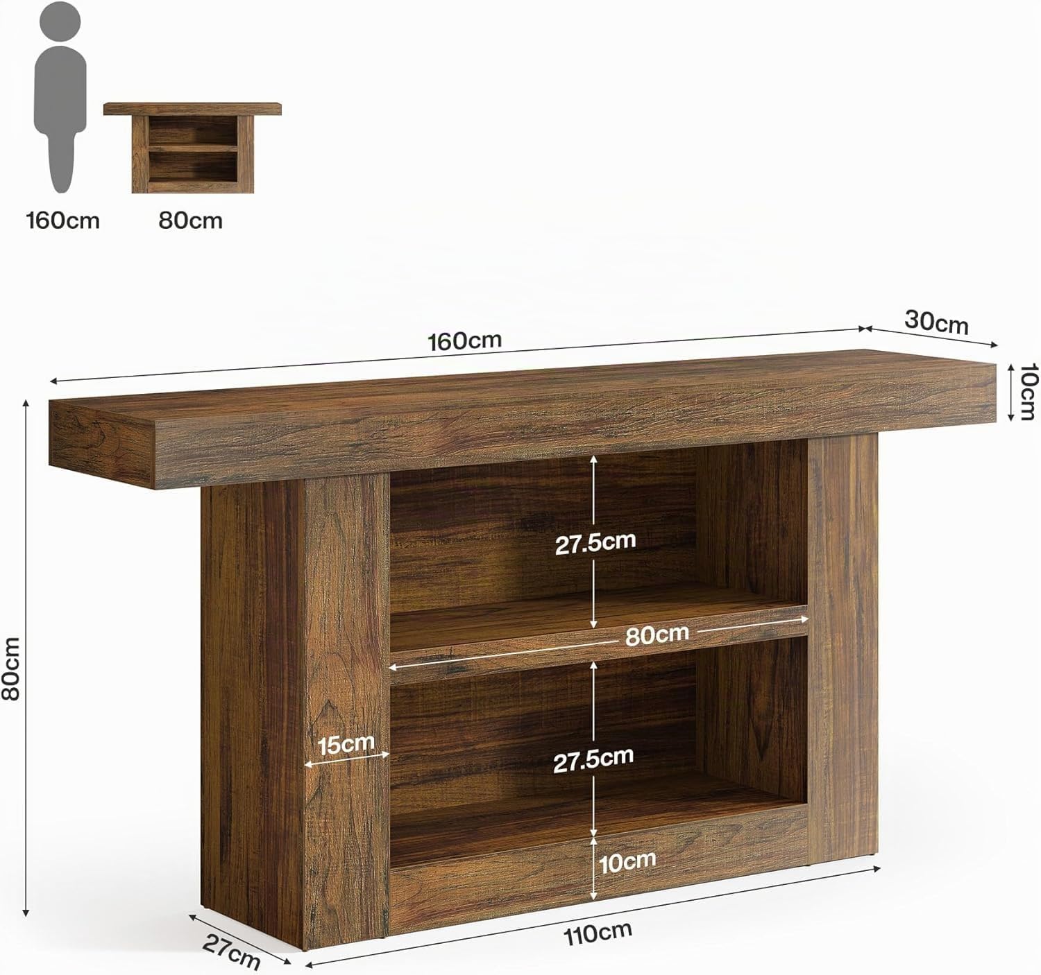 Lailang 160cm Mesa de Entrada, Mueble Pasillo Estrecho, Recibidor Entrada con Estante, Consola Recibidor Madera, Muebles Auxiliares de Salon, Recibidores Modernos, 160 x 8 x 20 cm, Brown