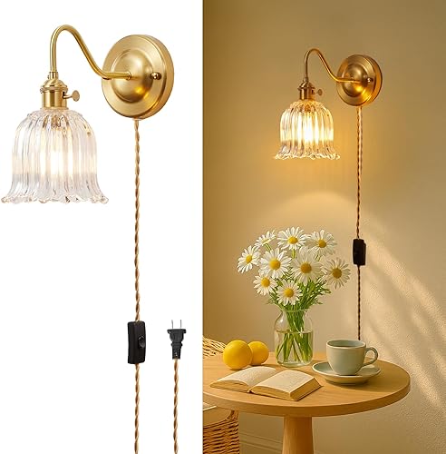 Elegante aplique de pared enchufable con pantalla de cristal transparente de flores, lámpara de pared de latón vintage con interruptor y cable