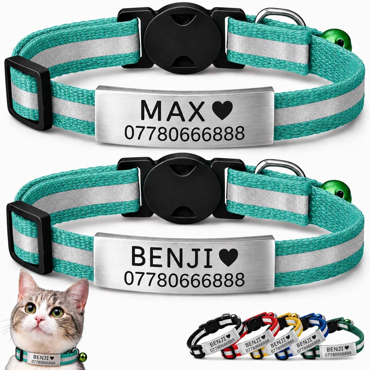 2 Pack Personalised Cat Collars with Engraved ID Plate, Name & Phone Number, Reflective Breakaway Safety Buckle, Adjustable Cat & Kitten Collar Set (Mint Green, Silver Name Plate) โ image 1