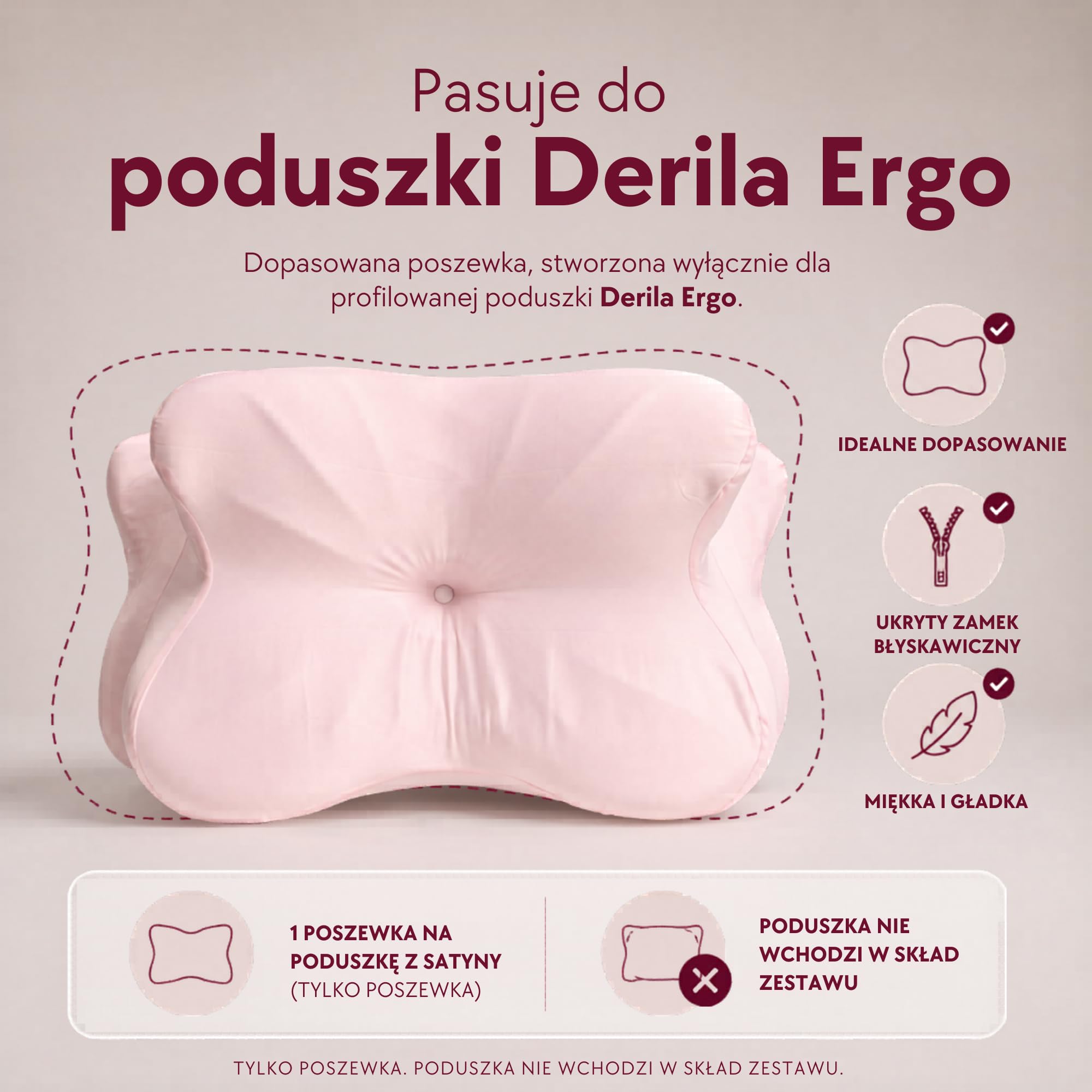 Derila Ergo Beauty Jedwabna Poszewka Anti-Frizz Jasnoróżowa | 54x36x12 cm, do poduszki Derila Ergo. Poduszka nie jest wliczona. Mieszanka jedwabna.