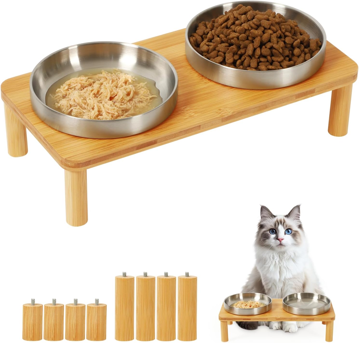 DoogCat Elevated Cat Bowls for Indoor Cats – Raised Bamboo Cat Food Table with 2 Stainless Steel Dishes, Adjustable Height (4.25"/3.07"), Whisker Friendly Feeding Station