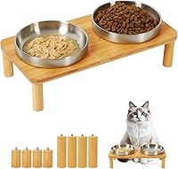 Vista 12 de Cuencos elevados para gatos de interior – Soporte elevado de bambú para gatos con platos de acero inoxidable de 5.5 pulgadas de ancho, plato de mesa