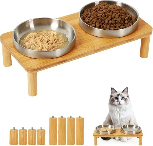 Miniatura 12 de Cuencos elevados para gatos de interior – Soporte elevado de bambú para gatos con platos de acero inoxidable de 5.5 pulgadas de ancho, plato de mesa
