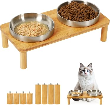DoogCat Raised Cat Bowls, Bamboo Stand with 2 Stainless Steel Bowls | Adjustable Height, Whisker-Friendly Design, Food & Water Set, Stable Construction, Easy to Clean