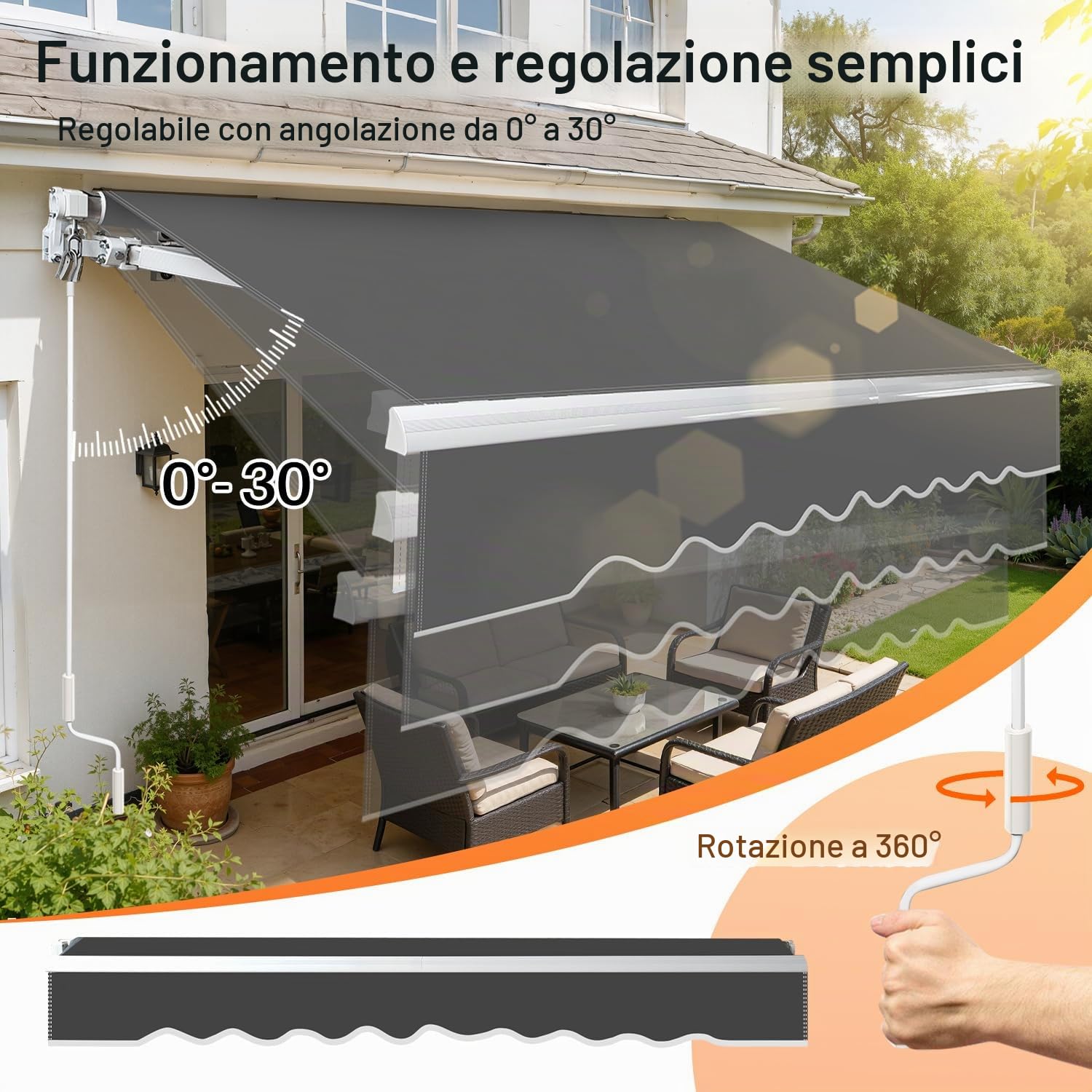 Tenda da sole 350x300 cm manuale a bracci articolati anti-UV impermeabile alluminio poliestere
