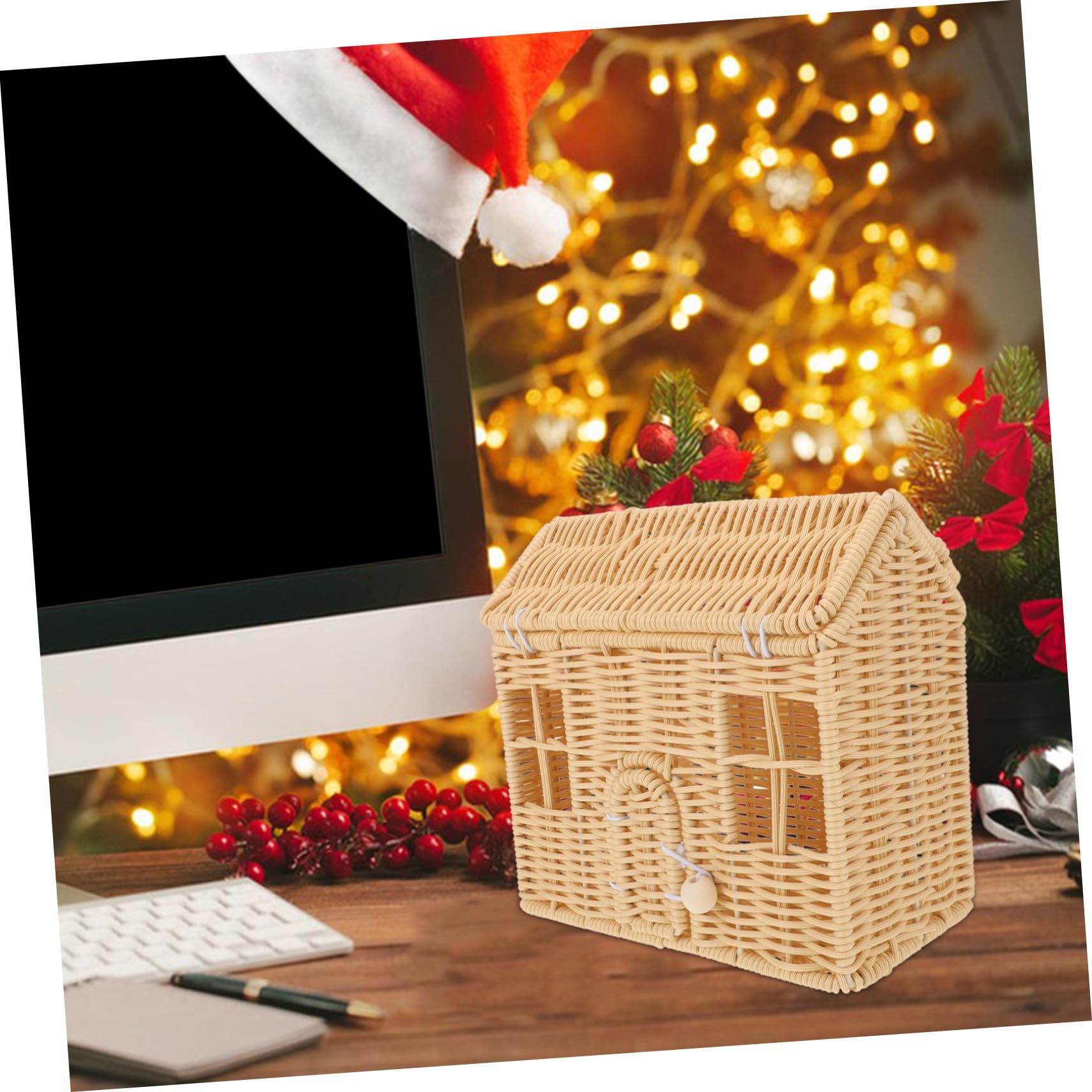 Mipcase Cesta de Dulces Navideña Tejida Mano Pequeña Cesta de Casa con Asas para Decoración de Fiesta Obsequio de Shower y Celebraciones de Navidad