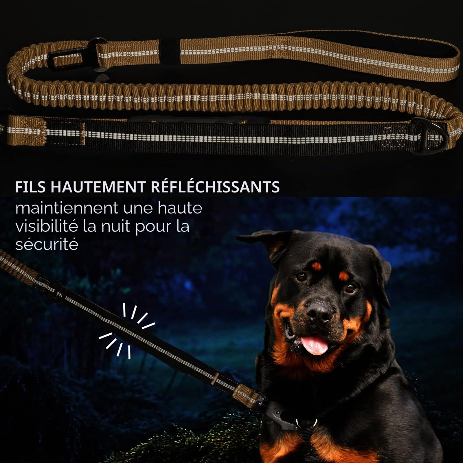 Laisse Tactique Robuste pour Chien avec Mousqueton à dégagement Rapide et Fils hautement réfléchissants, 1,2 à 1,8 m pour Chiens de Taille Moyenne et Grande(Marron et Noir)